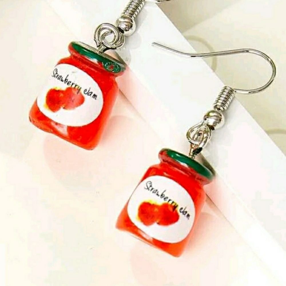 Strawberry jam jar charm drop food earrings